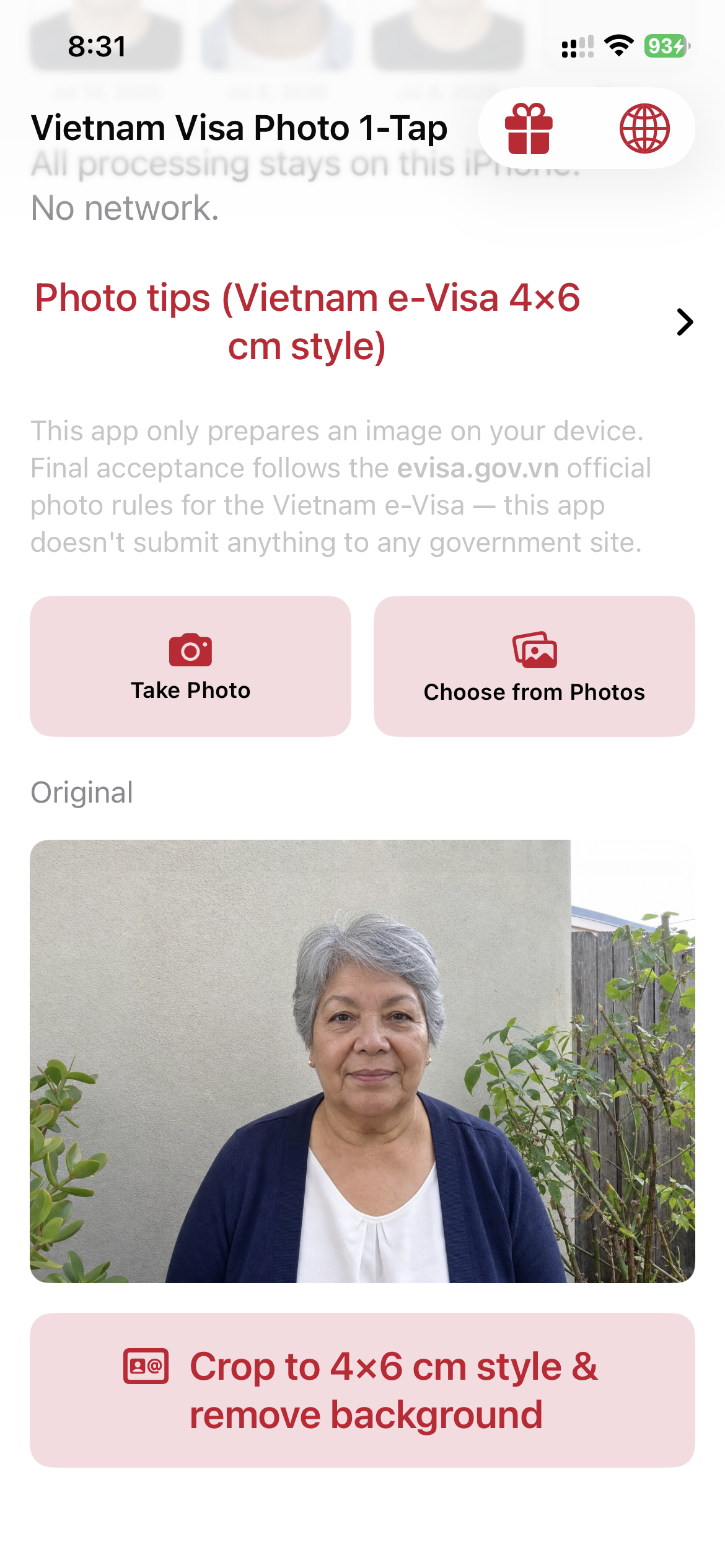 The Vietnam Visa Photo 1-Tap app showing the Original photo screen with a crop and remove background button