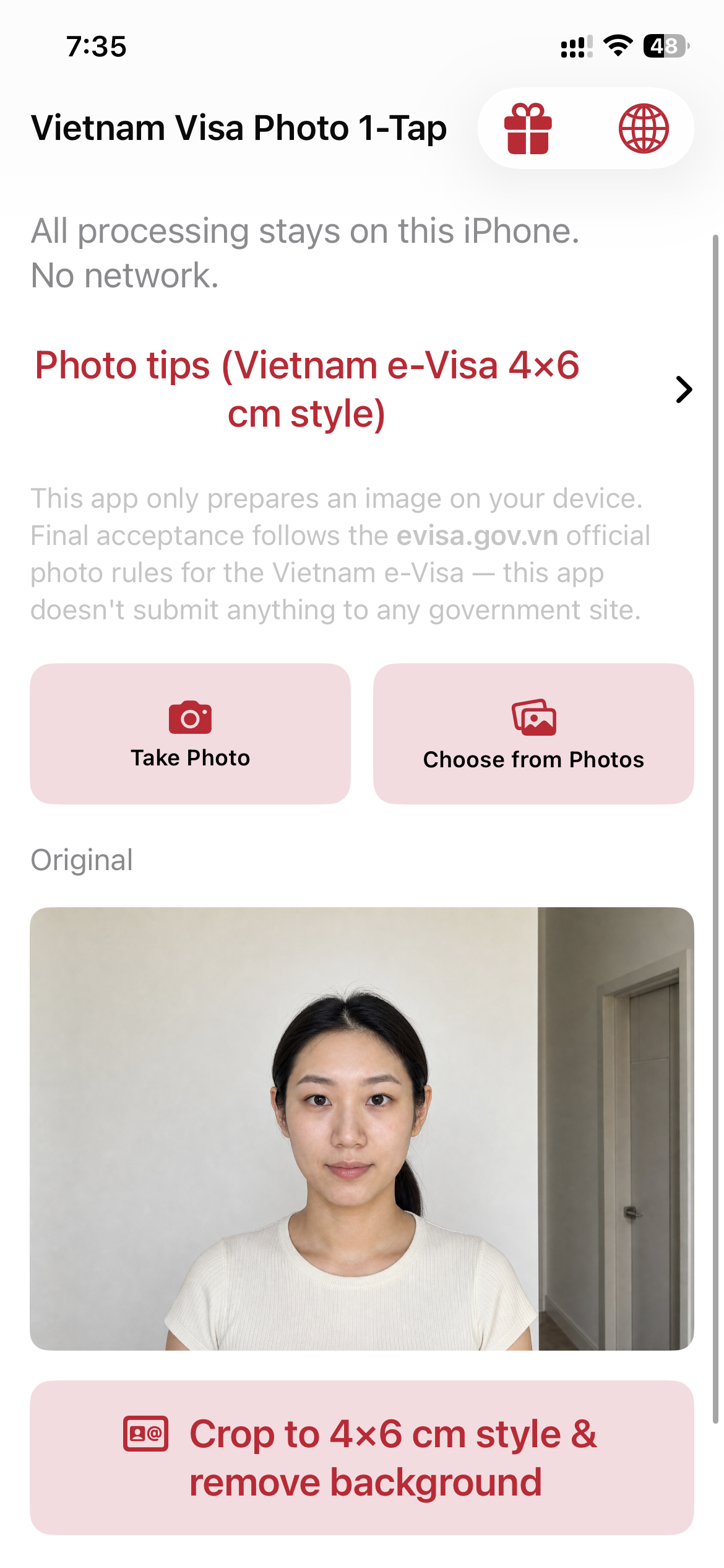 Vietnam Visa Photo 1-Tap: home screen with Take Photo / Choose from Photos