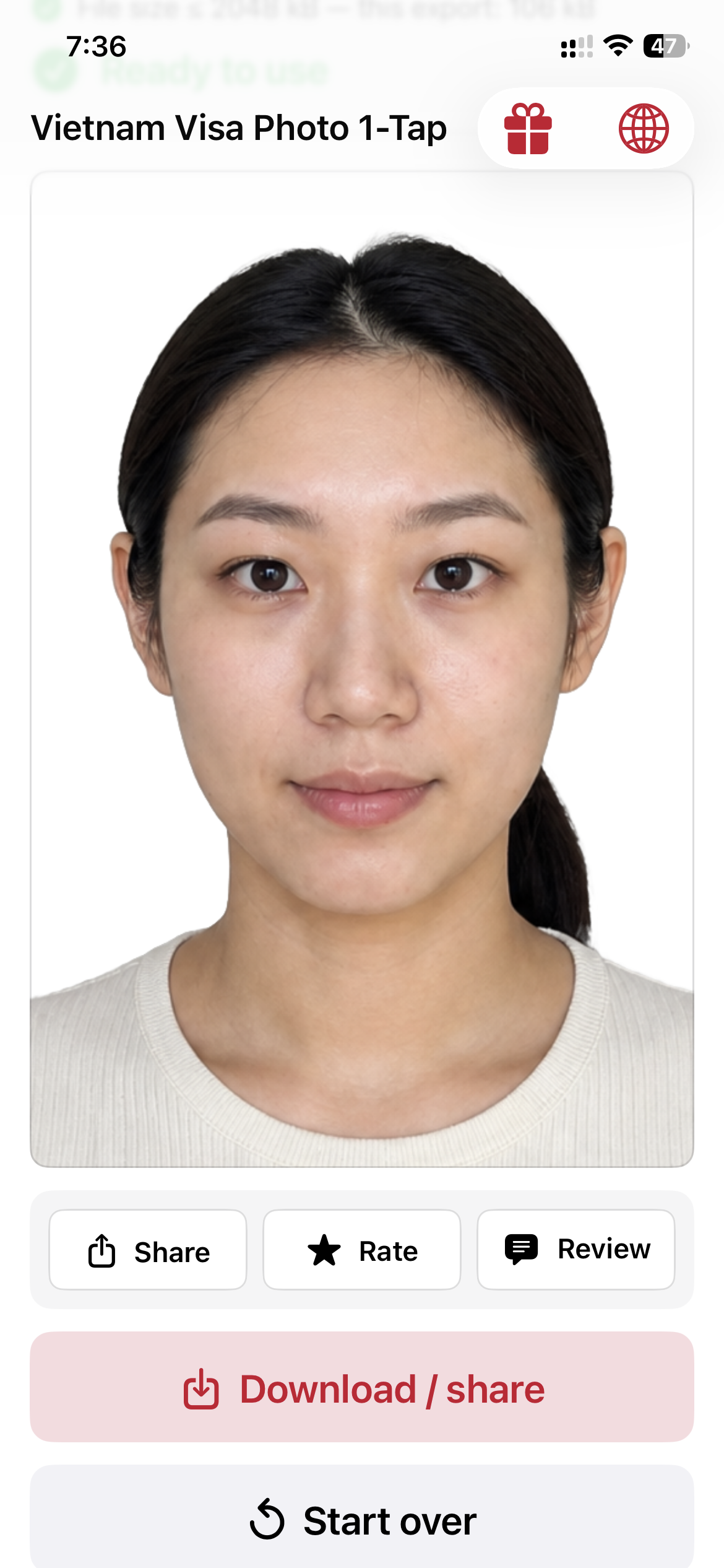 Unlocked portrait with Share, Rate, Review, Download and Start over